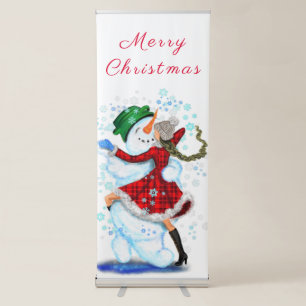 Happy Snowman and Girl Dance Tango Christmas Party Retractable Banner
