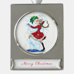Happy Snowman and Girl Dance Tango Christmas Party Silver Plated Banner Ornament
