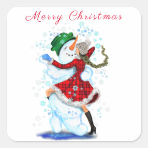 Happy Snowman and Girl Dance Tango Christmas Party Square Sticker