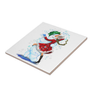 Happy Snowman and Girl Dance Tango Christmas Party Tile
