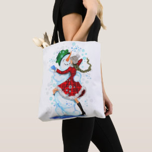 Happy Snowman and Girl Dance Tango Christmas Party Tote Bag