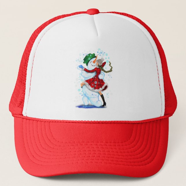 Happy Snowman and Girl Dance Tango Christmas Party Trucker Hat (Front)
