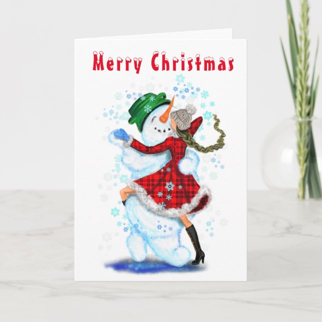 Happy Snowman and Girl Dance Tango Merry Christmas Card (Front)