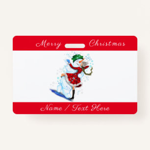 Happy Snowman and Girl Dance Tango Merry Christmas ID Badge