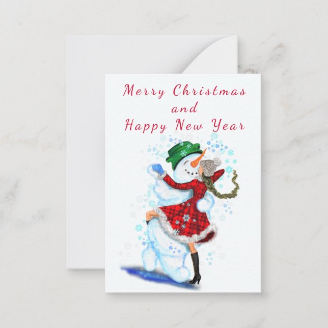 Happy Snowman and Girl Dancers Christmas New Year Card (Front)