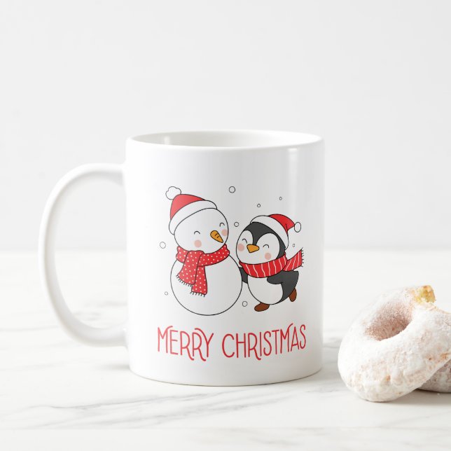 Happy Snowman and Penguin, Christmas Holiday Mug (With Donut)