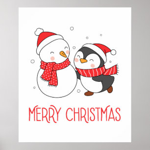 Happy Snowman and Penguin Christmas Holiday Poster
