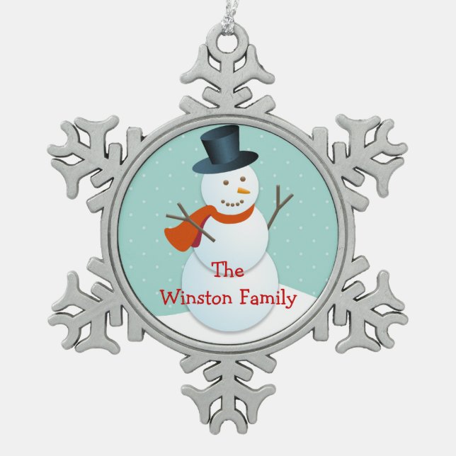 Happy snowman Chrismas greeting keepsake Snowflake Pewter Christmas Ornament (Front)