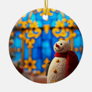 Happy Snowman Christmas – Blue Faux Stained Glass Ceramic Tree Decoration