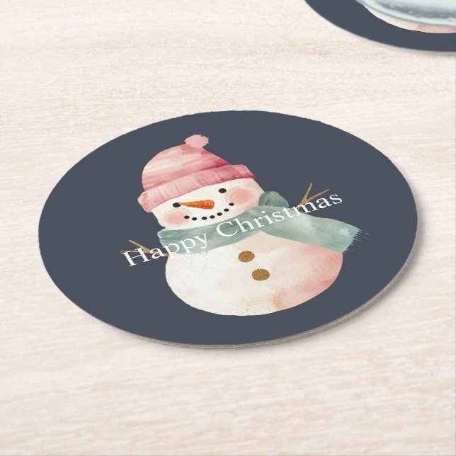 Happy Snowman Christmas Round Paper Coaster (Angled)