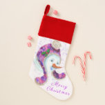 Happy Snowman Christmas Stocking<br><div class="desc">Christmas Stockings with Happy Snowman In Purple Pink Beanie Winter Hat Fun Christmas Painting Collection - or Choose / Add Your Unique Text / Name / Colour - Make Your Special Christmas Stocking Gift - Resize and move or remove / add elements - image / text with customisation tool. Painting...</div>
