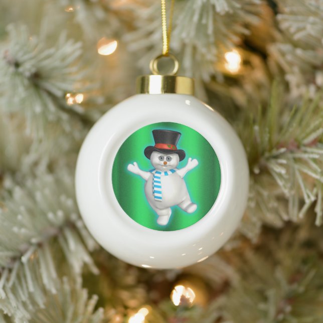 Happy Snowman Dancing Ceramic Ball Christmas Ornament (Tree)