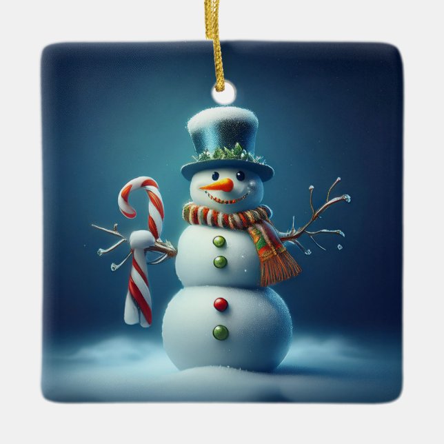 Happy Snowman Dancing In Snow Ceramic Ornament (Front)