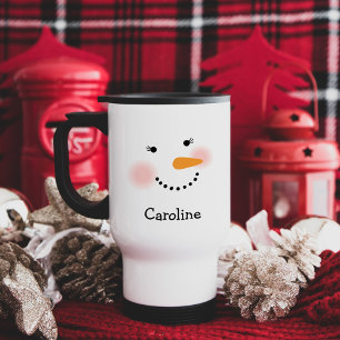 Happy Snowman Face Eyelashes Name Travel Mug
