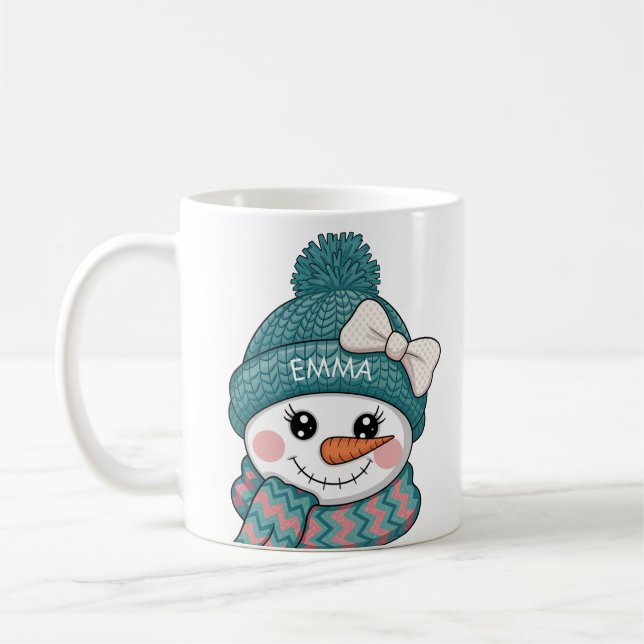 Happy Snowman Face Name Christmas bow Coffee Mug (Left)