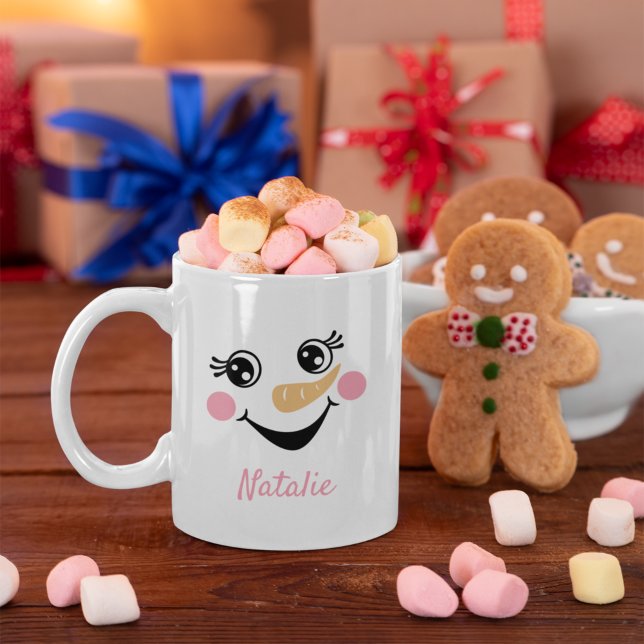 Happy Snowman Face Personalised Name Holiday Coffee Mug (Creator Uploaded)