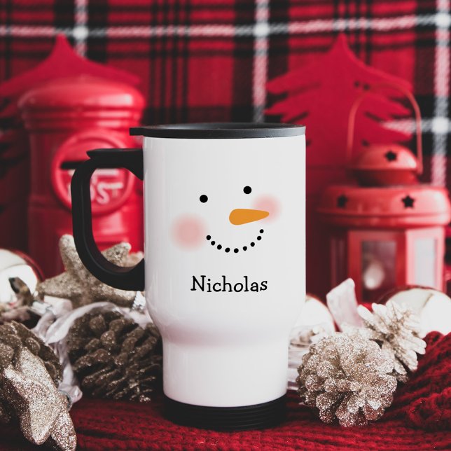 Happy Snowman Face Personalised Name Holiday Travel Mug (Creator Uploaded)
