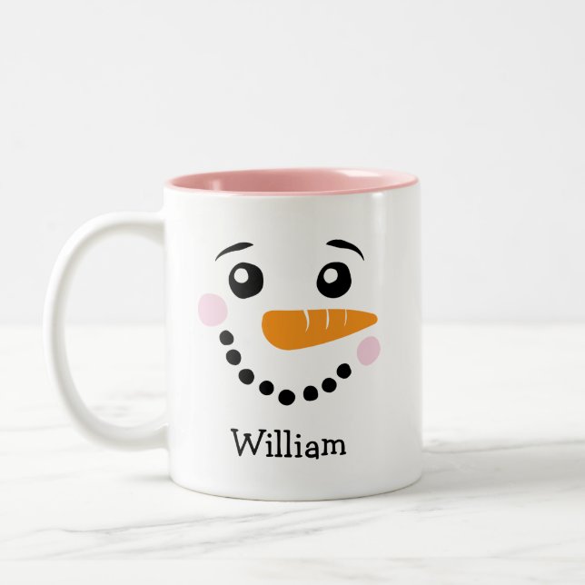 Happy Snowman Face Personalised Name Holiday Two-Tone Coffee Mug (Left)