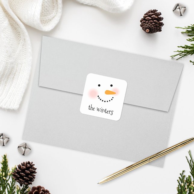 Happy Snowman Face Personalized Family Name Square Sticker (Creator Uploaded)