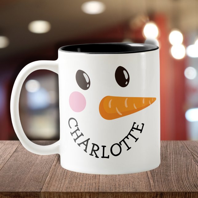 Happy Snowman Face Personalized Name Holiday Gift Two-Tone Coffee Mug (Happy Snowman Face Personalized Name Holiday Gift Two-Tone Coffee Mug)