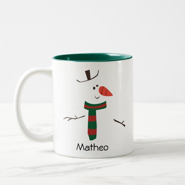 Happy Snowman Face Personalized Name Holiday Two-Tone Coffee Mug (Left)