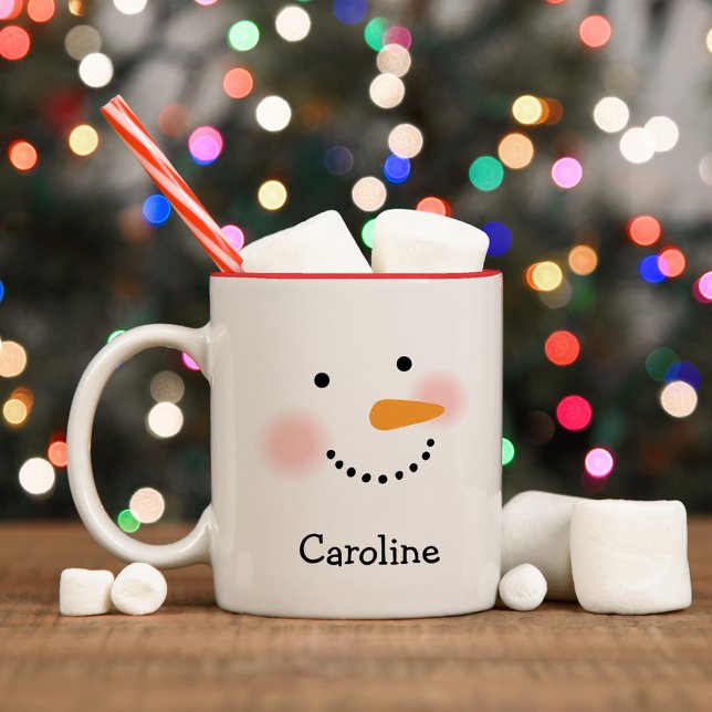 Happy Snowman Face Personalized Name Holiday Two-Tone Coffee Mug (Creator Uploaded)
