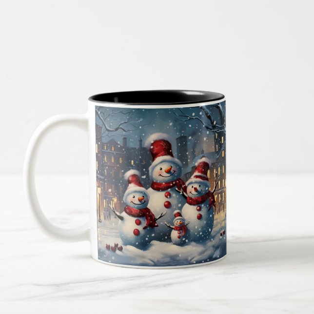 Happy Snowman Family Christmas Two-Tone Coffee Mug (Left)