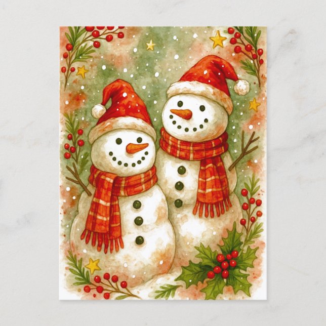 Happy Snowman Friends Christmas Holiday Postcard (Front)