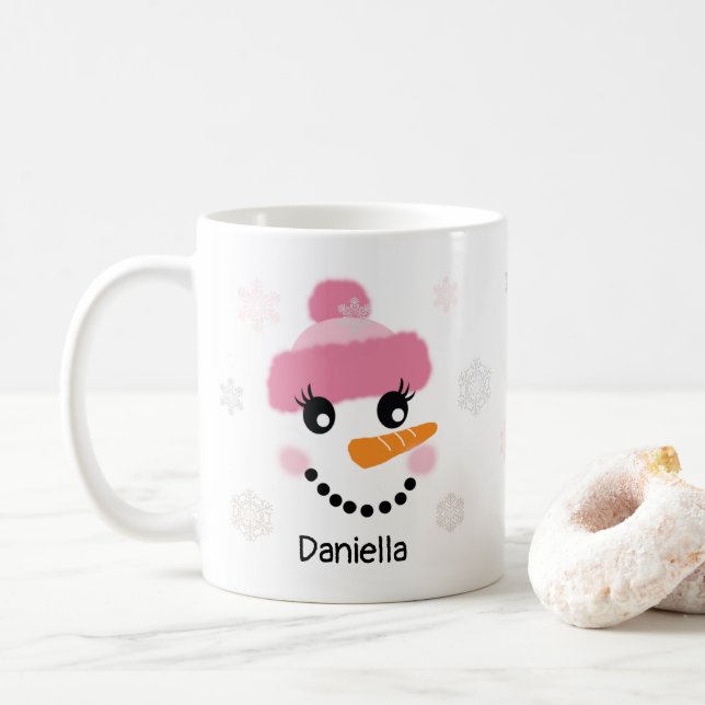 Happy Snowman (Girl) and Snowflakes - Personalised Coffee Mug (With Donut)