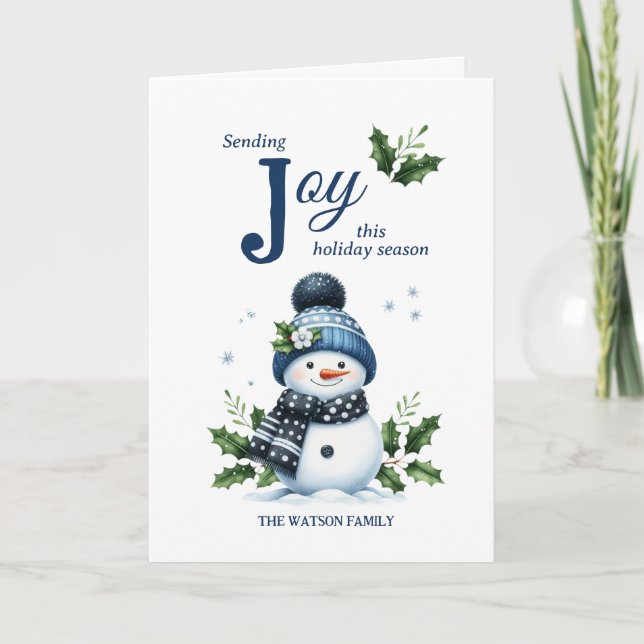 Happy Snowman Holly Snowflake Navy White Winter  Holiday Card (Front)