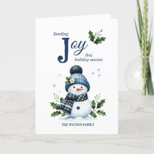 Happy Snowman Holly Snowflake Navy White Winter  Holiday Card