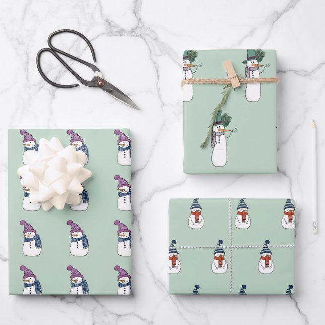 Happy Snowman In Mint Wrapping Paper Set of 3 (Front)