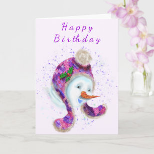 Happy Snowman In Purple Pink Beanie Winter Hat Fun Card