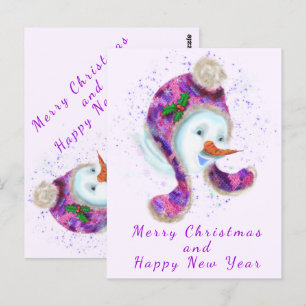 Happy Snowman In Purple Pink Beanie Winter Hat Fun Postcard