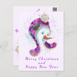 Happy Snowman In Purple Pink Beanie Winter Hat Fun Postcard