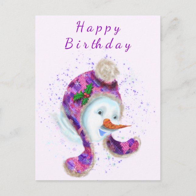 Happy Snowman In Purple Pink Beanie Winter Hat Fun Postcard (Front)