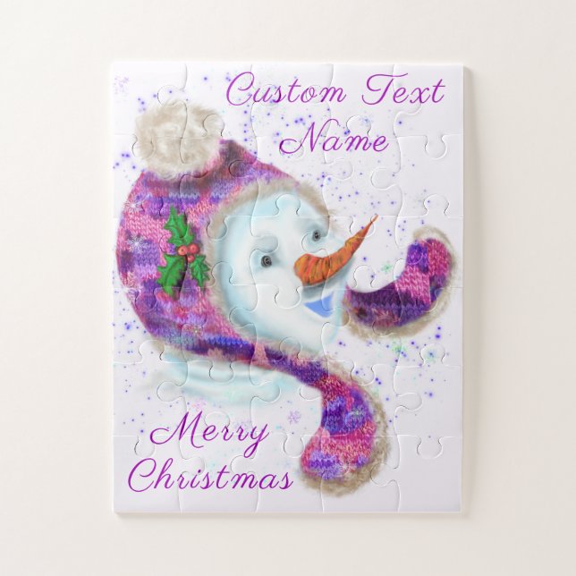 Happy Snowman In Purple PinkWinter Hat - Your Text Jigsaw Puzzle (Vertical)