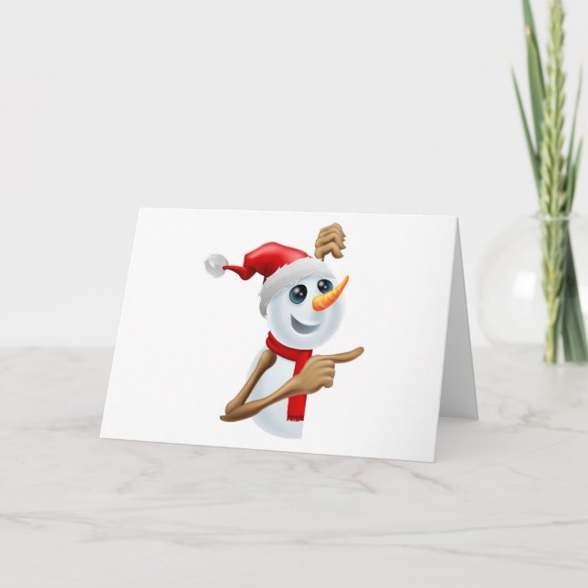 Happy snowman in Santa hat pointing Holiday Card (Front)