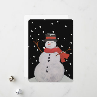 Happy snowman in the snow at night.  holiday card
