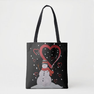 Happy Snowman in the snow with hearts. Tote Bag