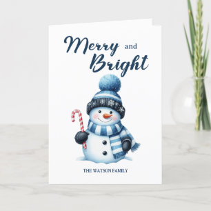 Happy Snowman Merry Bright Navy White Winter  Holiday Card