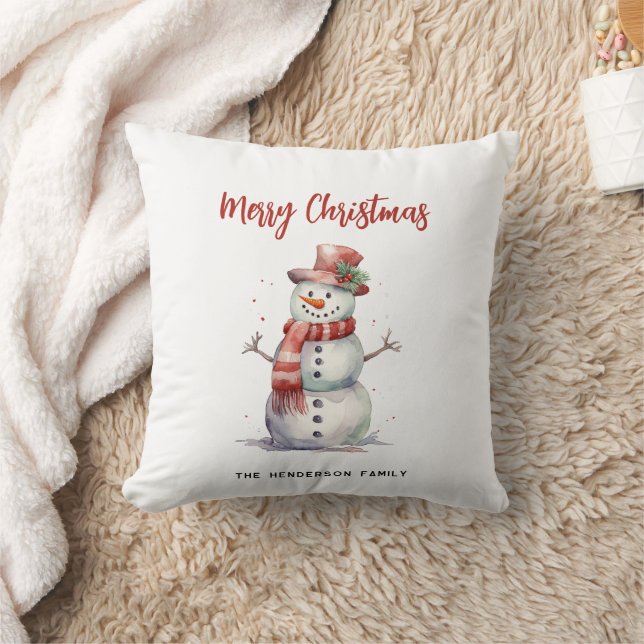 Happy Snowman Merry Christmas Custom Family Name Cushion (Blanket)