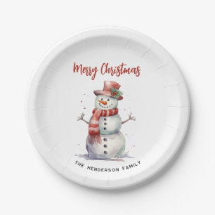 Happy Snowman Merry Christmas Custom Family Name Paper Plate