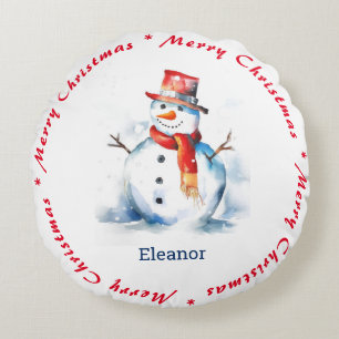 Happy Snowman Merry Christmas Cute Custom Name Round Cushion