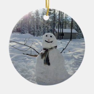Happy Snowman original winter photography Ceramic Tree Decoration