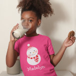 Happy Snowman Pink Personalized Girls Name Holiday T-Shirt<br><div class="desc">Adorable Christmas pink holiday shirt features a jolly snowman (or snowlady) in a winter hat and scarf in festive holiday shades of pink and red.  Personalize with custom text for child's first name.</div>