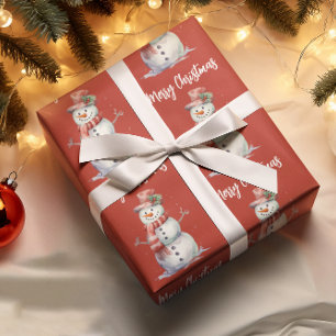 Happy Snowman Red Merry Christmas Wrapping Paper