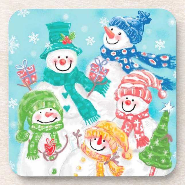 Happy Snowman Retro Christmas Coaster (Front)