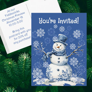 Happy Snowman Snowflakes Blue White Business Postcard