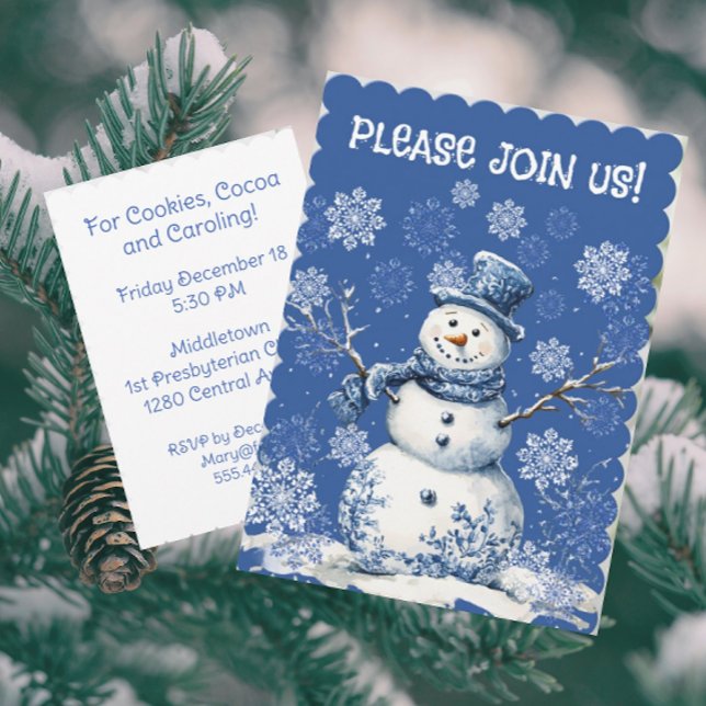 Happy Snowman Snowflakes Blue White Chinoiserie  Invitation (Customize this invitation with your own information!)